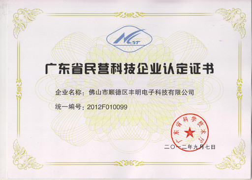 廣東省民營科技企業認定證書